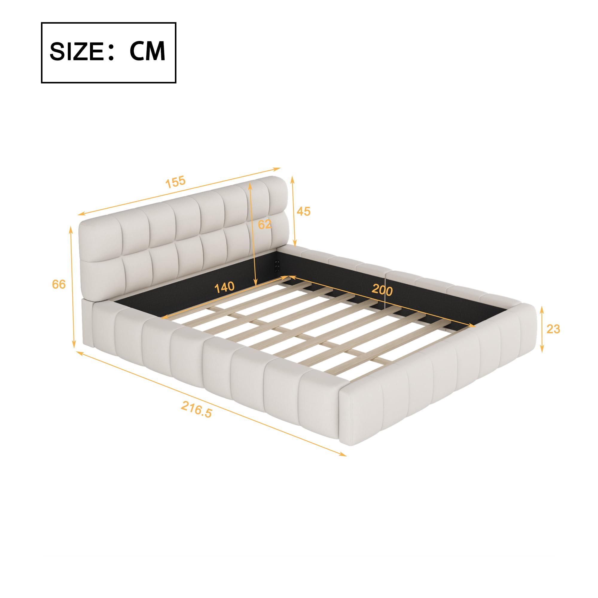 Letto imbottito con schienale morbido, piano con bordo imbottito, rete a doghe in lino (materasso non incluso) (beige, 140 x 200 cm)