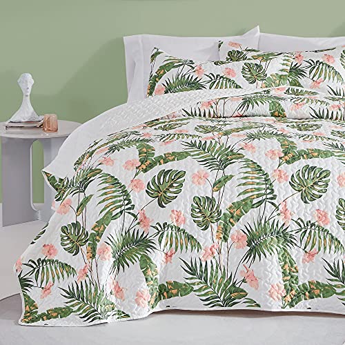 Sleep Zone Reversible Summer Quilt Set Full/Queen (90X96 Inch | 2 Pillow Shams) - Soft Lightweight Bedspread Coverlet Set For All Season (Tropical Leaves Pattern) #TOP27