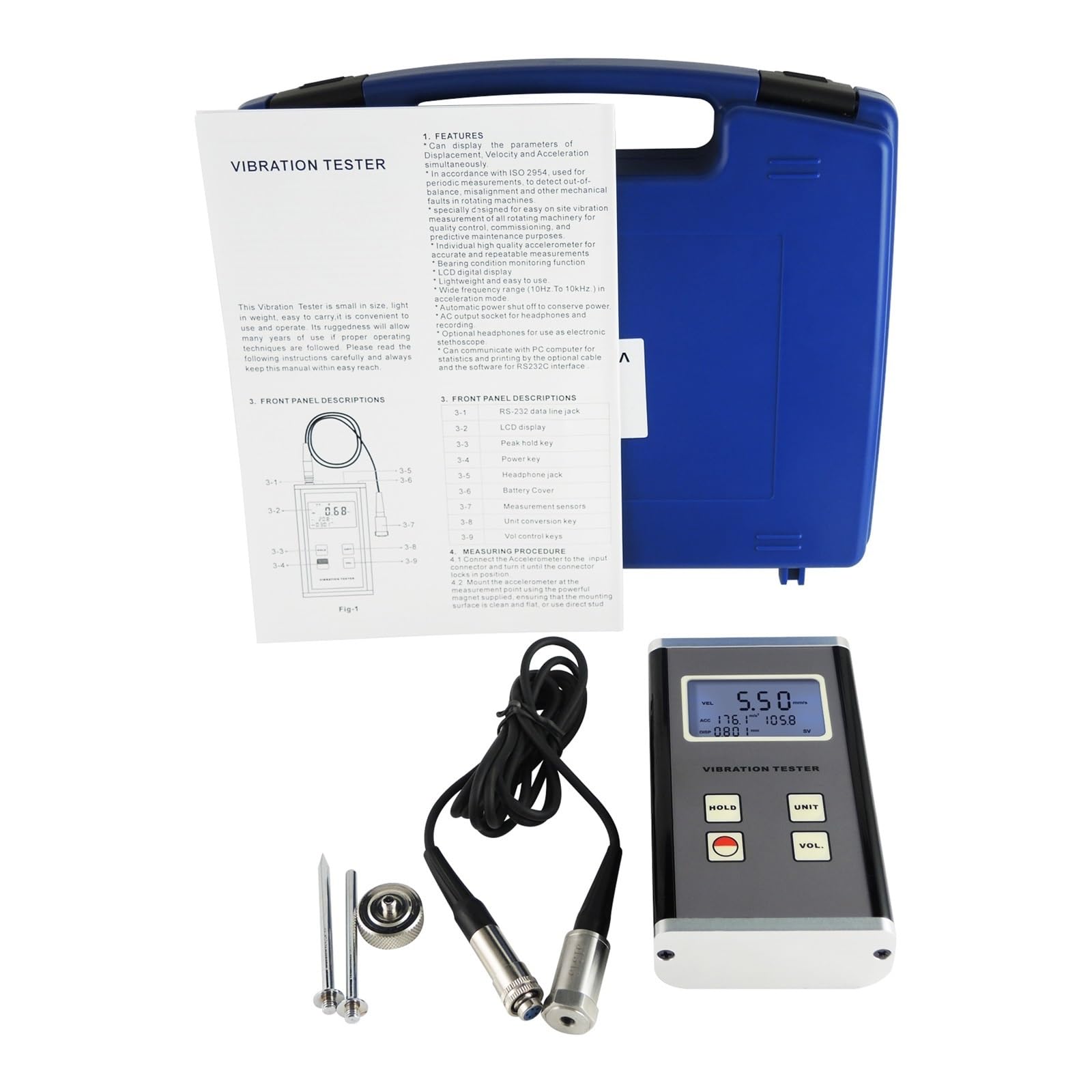 Vibrationsmessgerät, Digitales Vibrationsmessgerät, piezoelektrischer Wandler, Sensor, 10 Hz ~ kHz, Bereichstester, Verschiebungsgeschwindigkeit, Beschleunigung