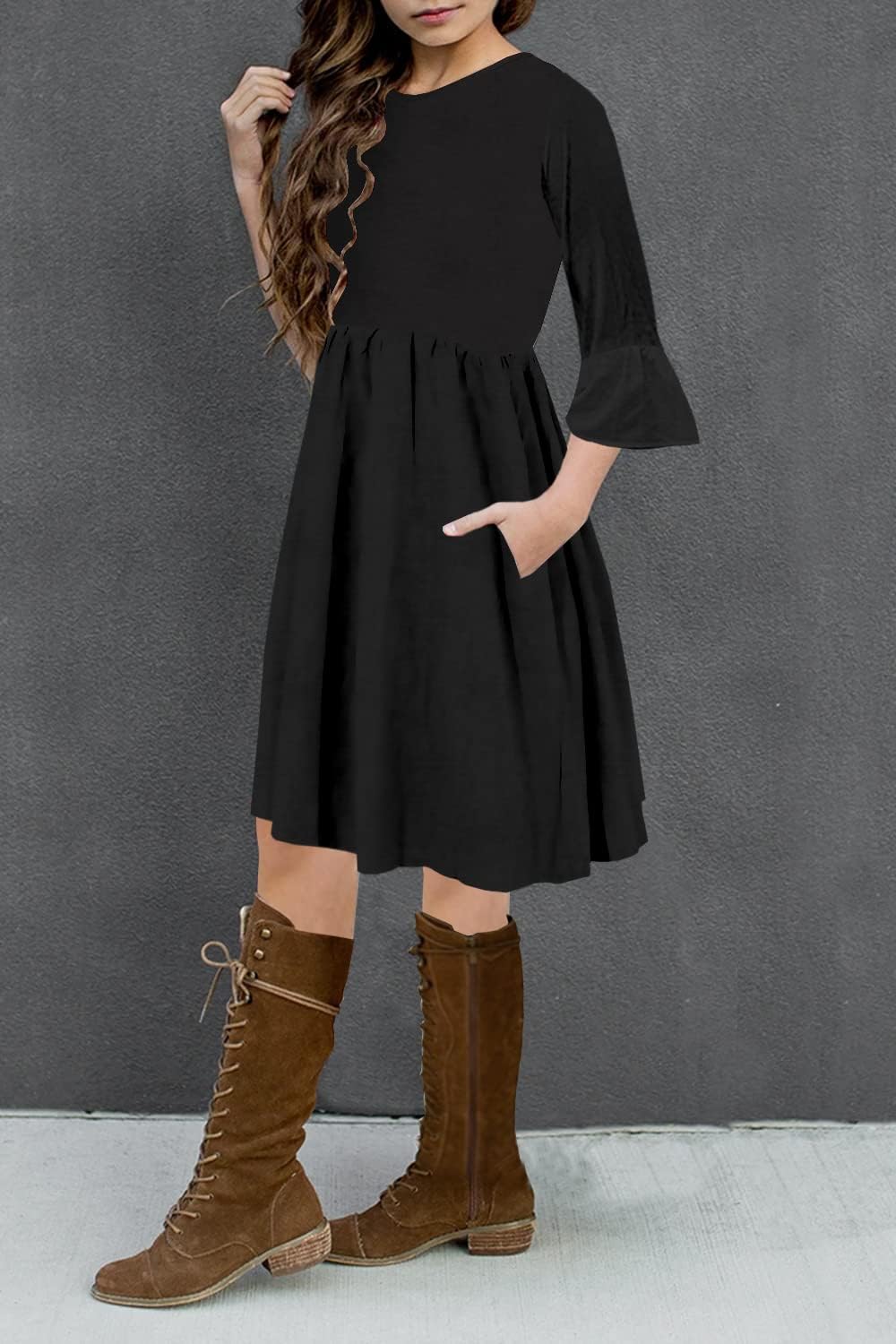 HOSIKA Girls Midi Dress Floral 3/4 Sleeve Ruffle A-line Swing Casual Dresses with Pockets for Kids 6-12 Years - Image 3