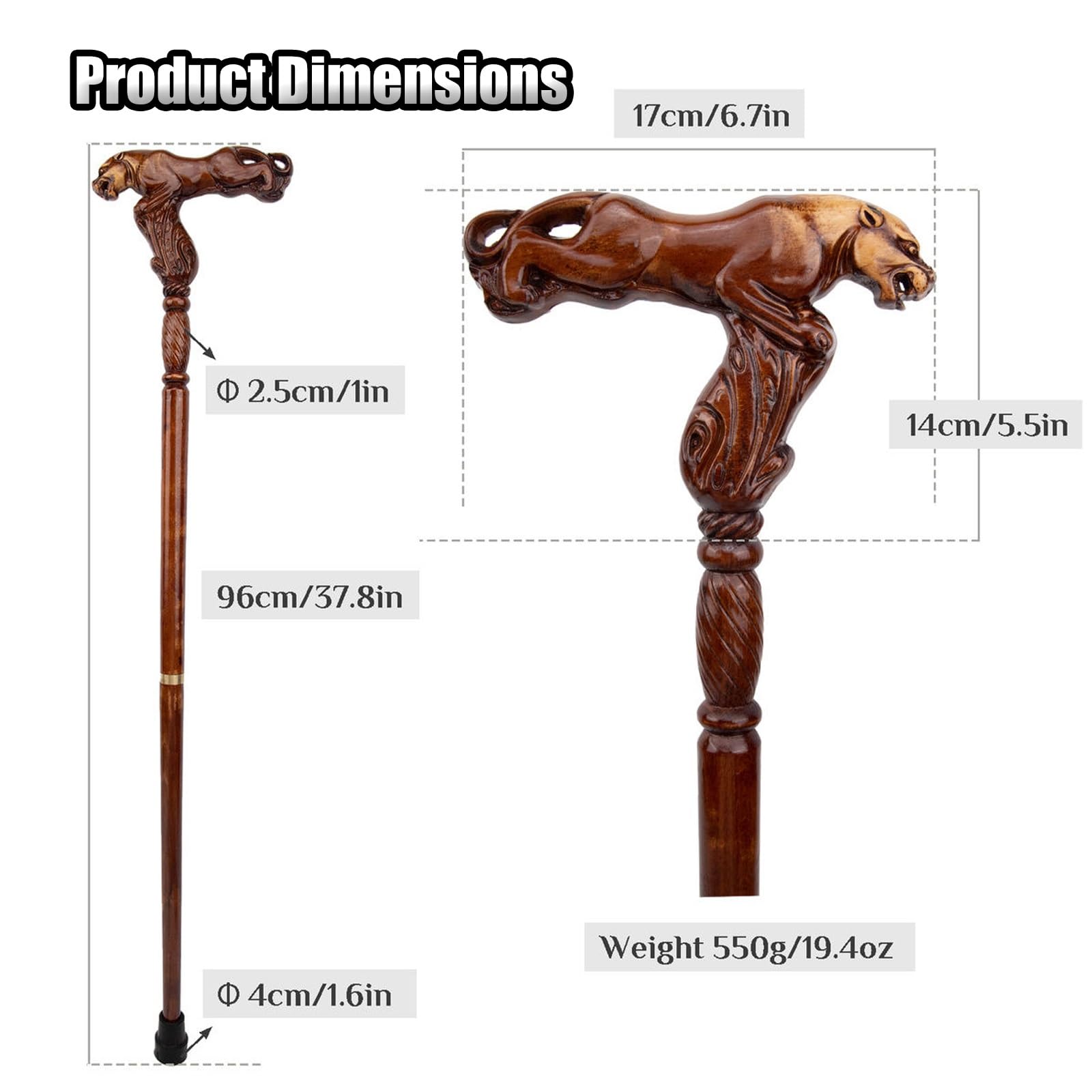 Bastoni da Passeggio in Legno con Motivo Leopardato, con Impugnatura Ergonomica e Punta in Gomma Antiscivolo, per Uomo e Donna di Lusso Decorativi da 96 Cm