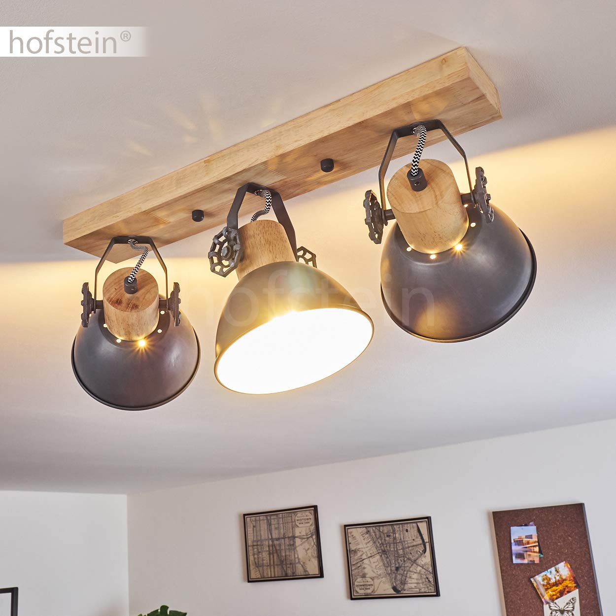 HOFSTEIN Deckenleuchte Orny, verstellbare Deckenlampe aus Metall/Holz in Grau/Weiß/Natur, moderne Leuchte im Industrial/Retro/Vintage-Design, 3 x E27, Wohnzimmer, Esszimmer, Schlafzimmer, Küche
