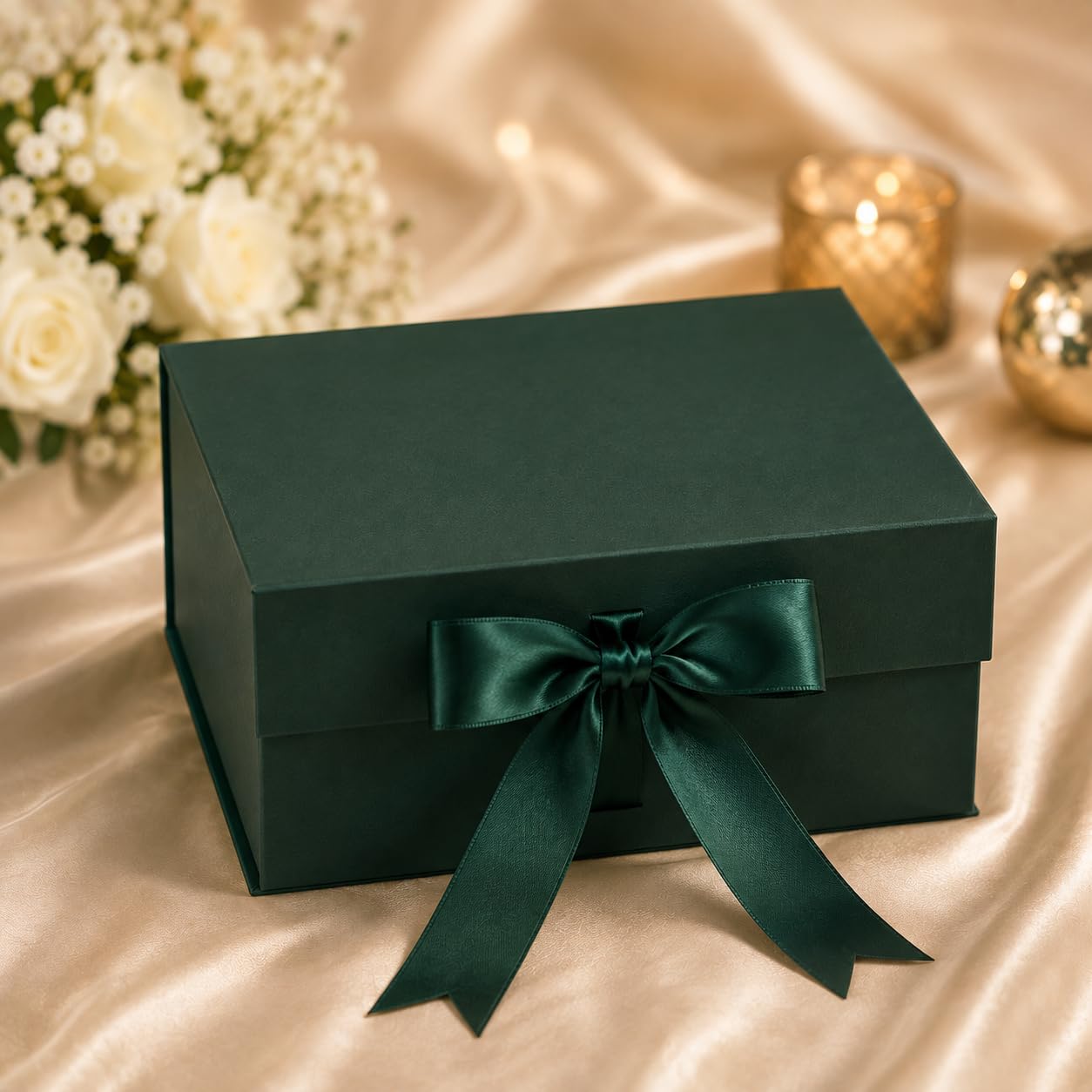1 Piece Collapsible Magnetic Gift Box with Ribbon, Luxury Box for Packaging, Hamper Box, Foldable Gift Box for Birthday, Wedding, Return Gifts, Storage Box (25 x 20 x 10 cm) (GREEN)