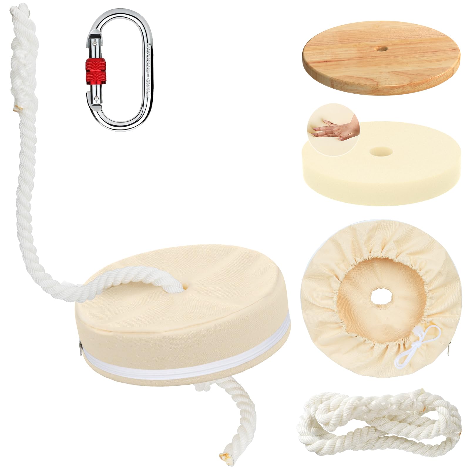 Fologtoo Zipline Seats, Wooden Zipline Seat for Kids and Adults with Sponge Pad, 6ft Nylon Rope & Carabiner, Zip Line Replacement Seat, Outdoor