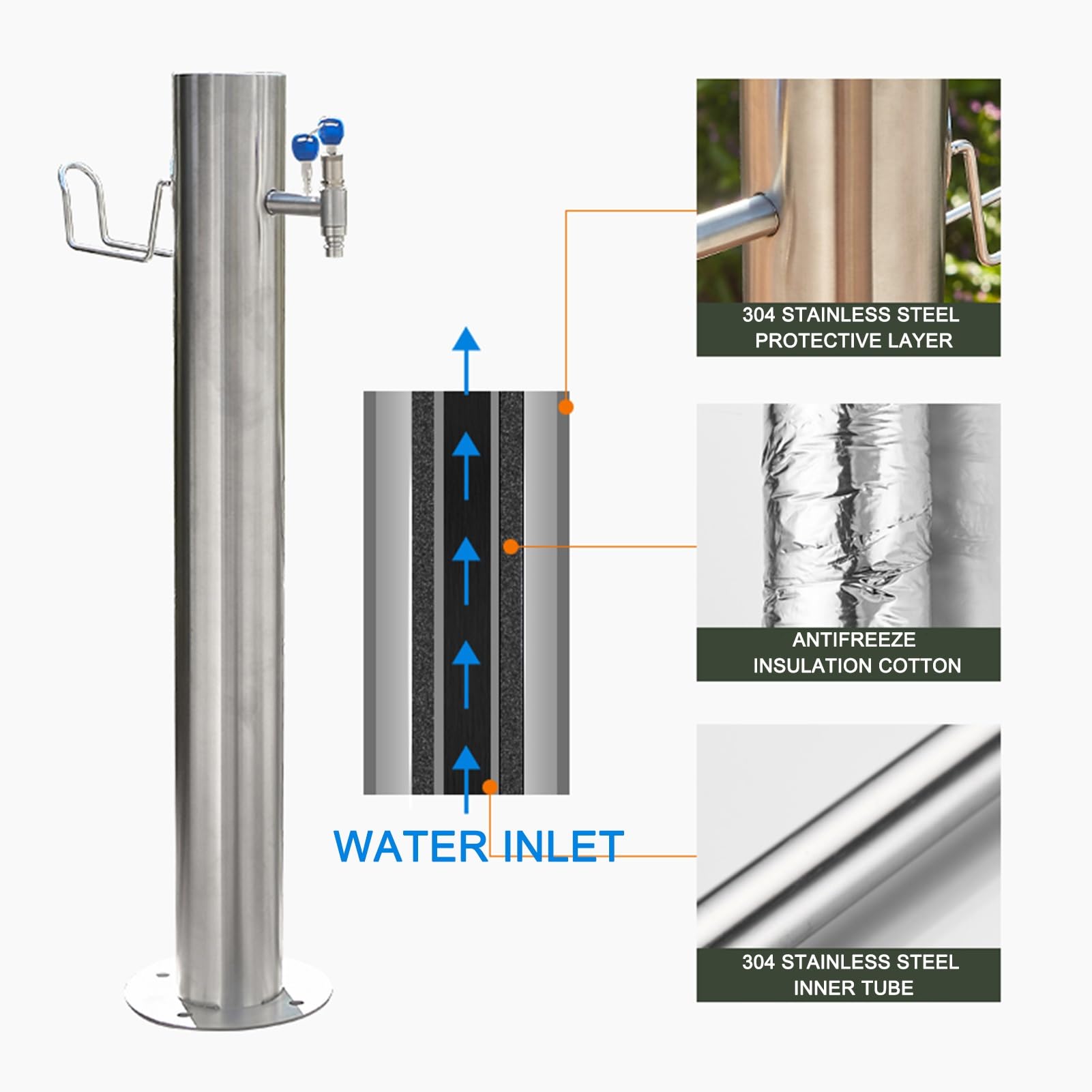 Columna de agua de acero inoxidable para exteriores, grifo anticongelante independiente con cerradura, espiga de hidrante de jardín para riego y lavado de patio trasero (86 x 10,5 cm)