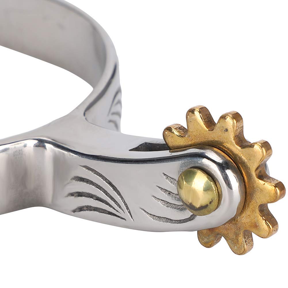 Zerodis Speroni per cavalli, 2 pezzi, stile cowboy occidentale, in acciaio inox, incisione floreale con ingranaggi in rame e fibbia per cintura in rame