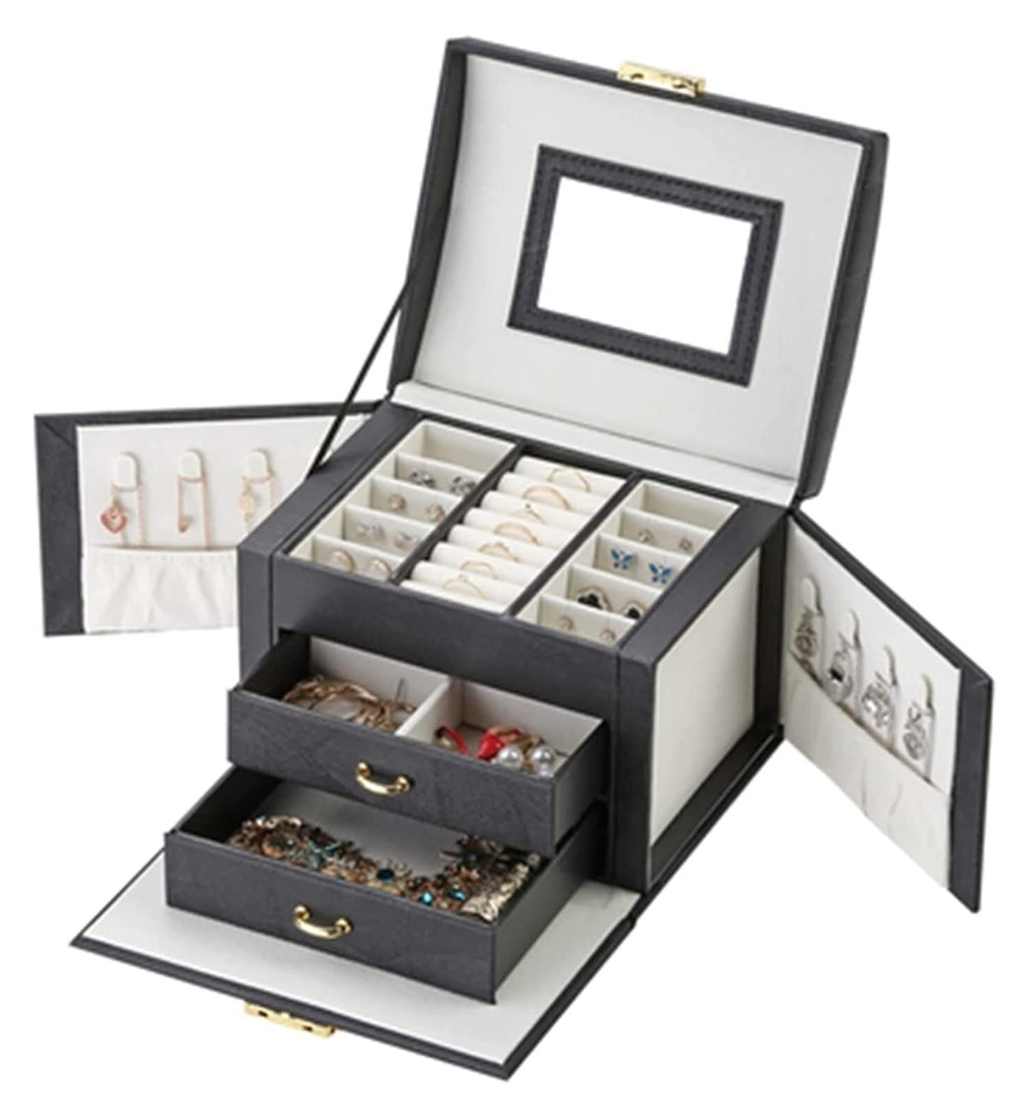 TIANQIHAO Jewelry Box Large Jewelry Box Organizer Girls Pu Leather Drawer Jewellery Boxes Earrings Ring Necklace Jewelry Storage Case Jewellry Holder,Black-6.8 * 5.3 * 4.7 inches