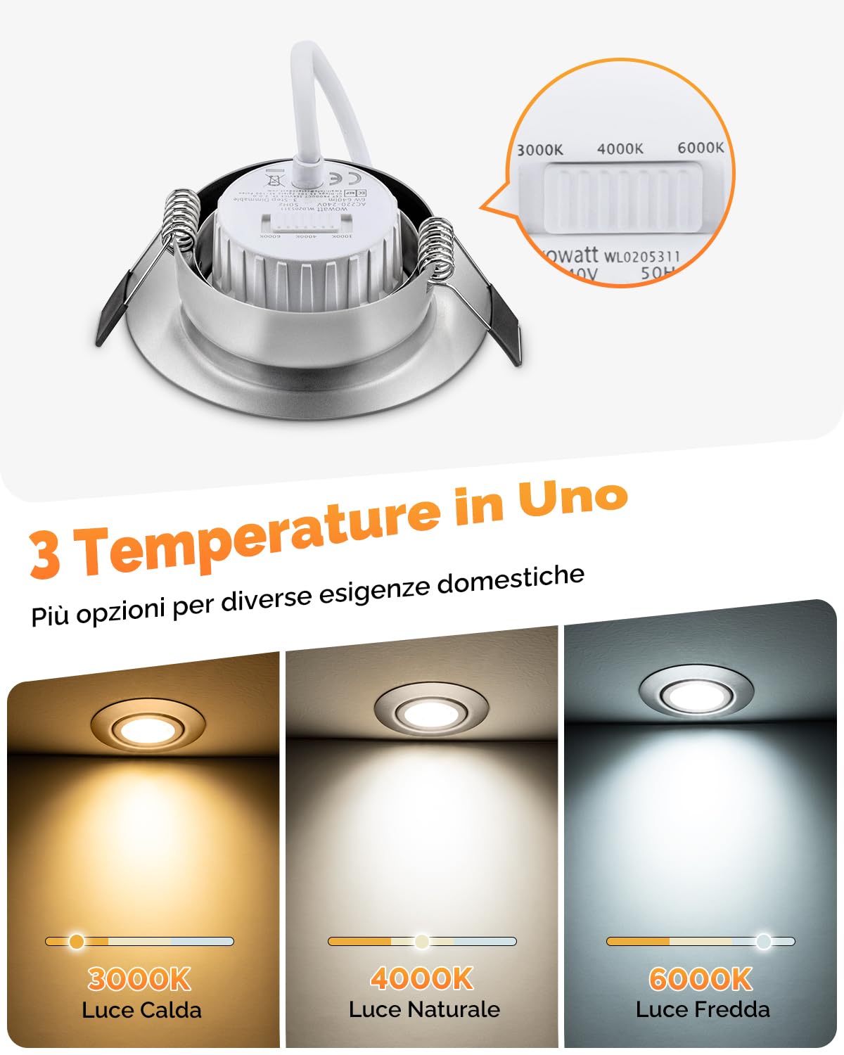 wowatt Faretti LED da Incasso per Cartongesso Dimmerabili 6W 640LM 3CCT | Regolabile Calda 3000K Naturale 4000K Fredda 6000K, Faretti da Soffitto Orientabili, IP44 Faretto incasso foro 68mm, Set da 6
