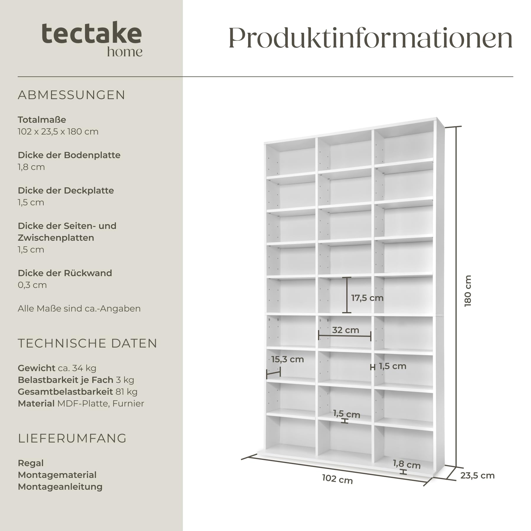 tectake Regal Aufbewahrung, offene Schrank Wand stehend für CDs, DVDs, als Bücherregal, Raumtrenner, Ständer oder Vitrine für Sammlungen und Hobby - weiß