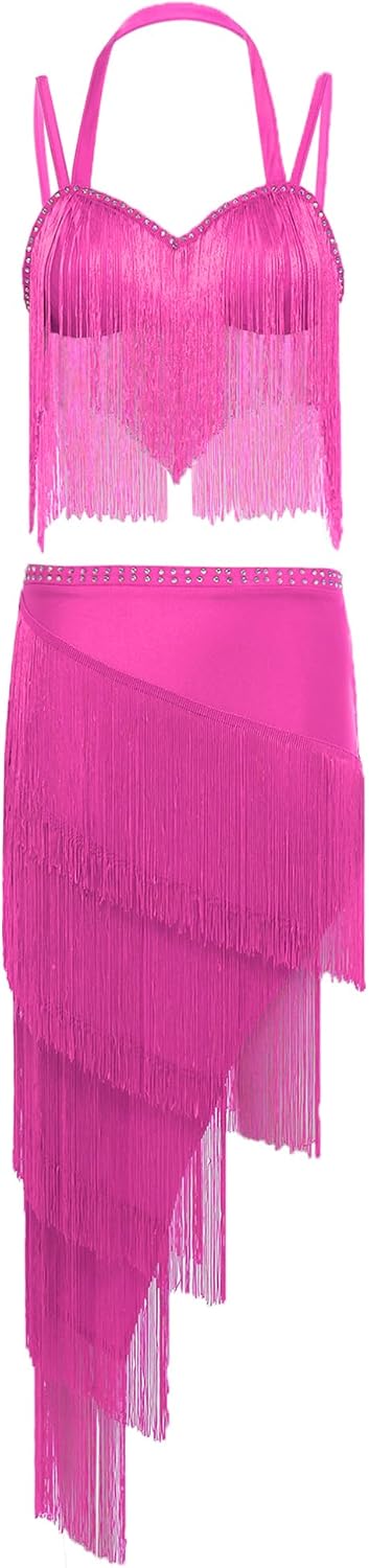 JEATHA Latin Dress for Women Tassel Fringe Rhinestones Top and Skirt Dance Outfits Belly Jazz Samba Dancewear