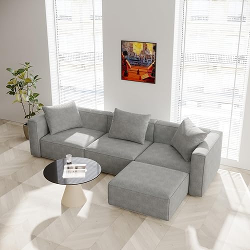 Miniatura 10 de Acanva Juego de Sofá Seccional Modular de Lujo para Sala de Estar, Sofá de Estilo Moderno Minimalista con Otomana y Chaise, Forma de L, Gris