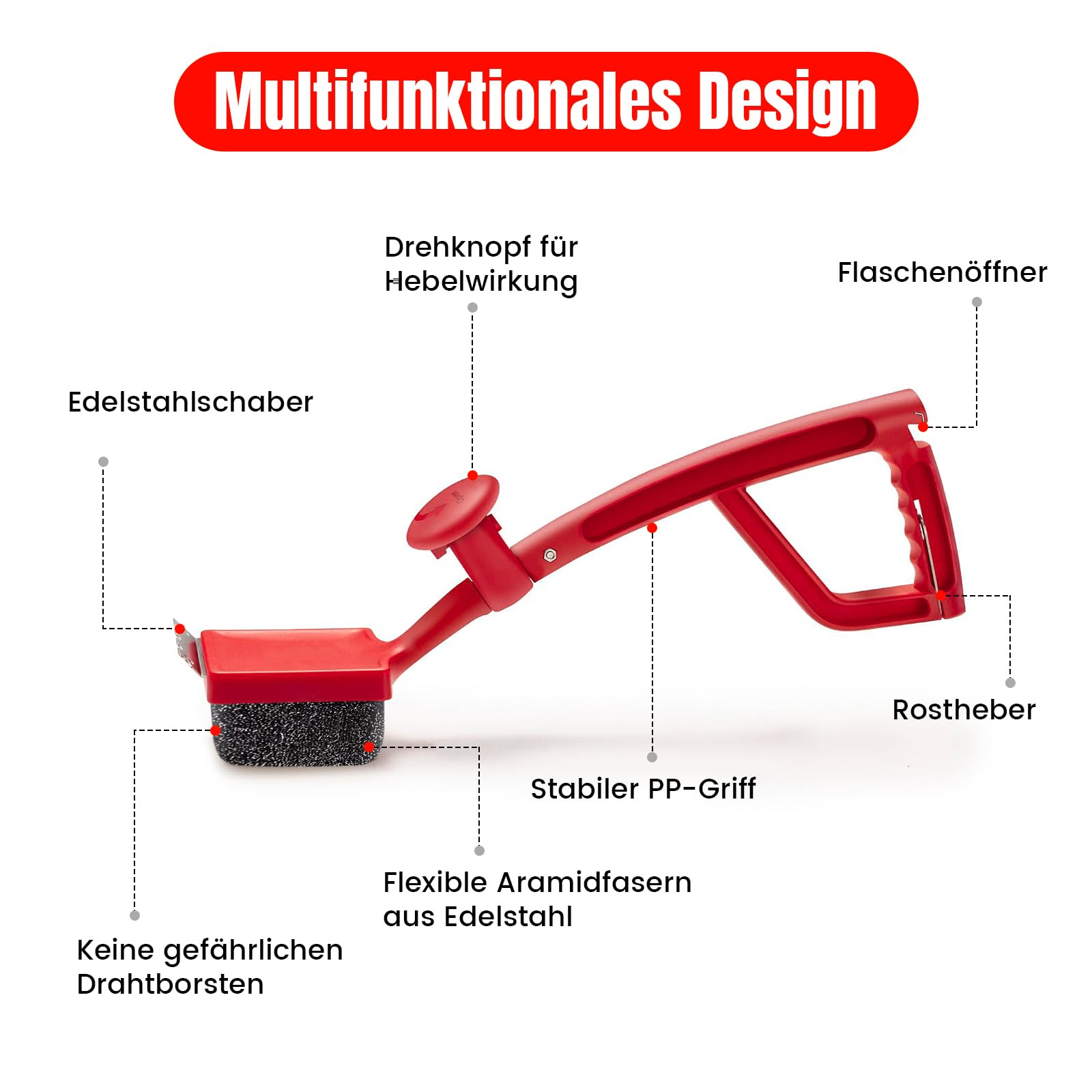 Grillbürste ohne Metallborsten, ANJUKE 4-in-1 Sichere Dampf-Grillbürste für Gussrost mit Edelstahl Spatel und Austauschbar Grillbürstenkopf, für Gasgrill, Holzkohlegrill, Kugelgrill（Rot）