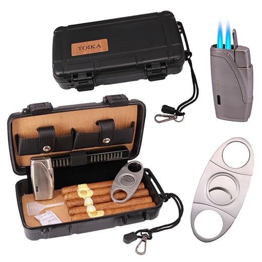 TOIKA Durable Travel Cigar Humidor Case with Cutter and Lighter Gift Set - Waterproof, Airtight ,Rugged, Crushproof -Holds up to 5 Cigars (Black)