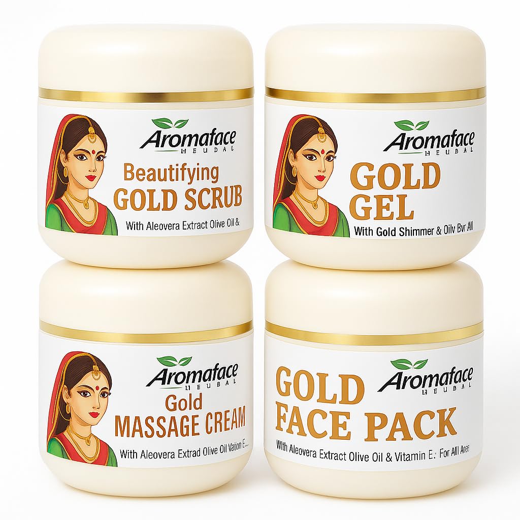 SRIYANSI Gold Beauty Set, 4-in-1 Skincare Kit with Scrub, Gel, Massage Cream, Face Pack, with Aloe Vera and Olive Oil 3