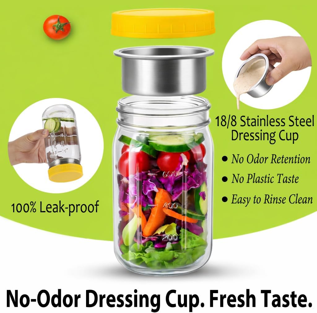 KTKUDY 2 Pack 32 oz Glass Salad Jars with Dressing Cups (Pod) - Meal Prep Salad Container for Lunch - Leakproof Mason Jars with Lids - Image 4
