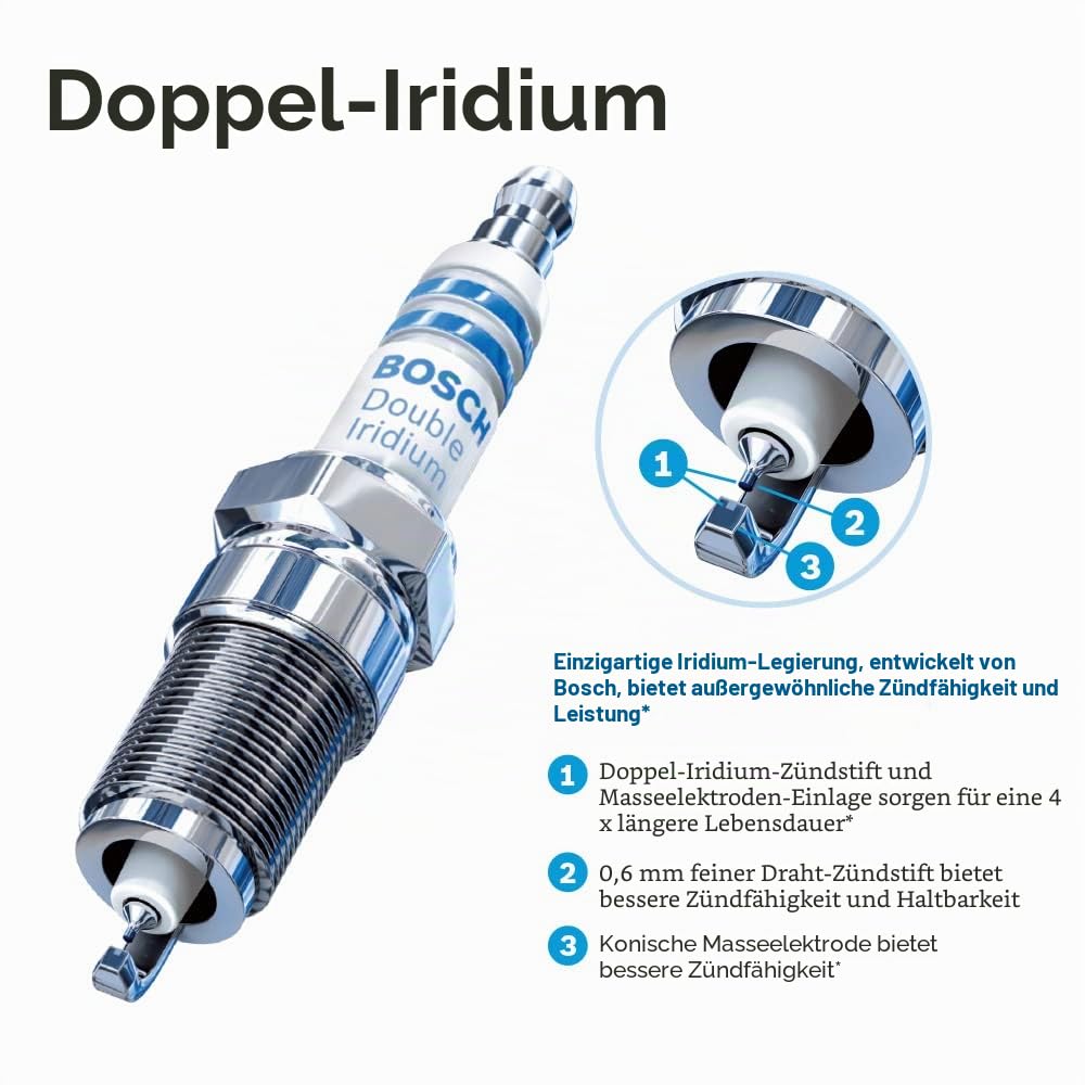 BOSCH 96339 OE Zündkerze mit feinem Draht, Doppel-Iridium, 4 Stück | Fortschrittliche Erstausrüstungstechnologie mit 4-facher Lebensdauer