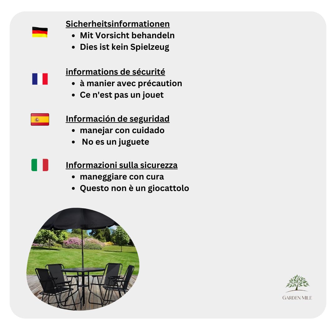 Garden Mile Moderno juego de muebles plegables de 6 piezas, resistente a la intemperie, sombrilla y 4 sillas, accesorios decorativos para interiores y exteriores para balcón, patio y jardín (negro)
