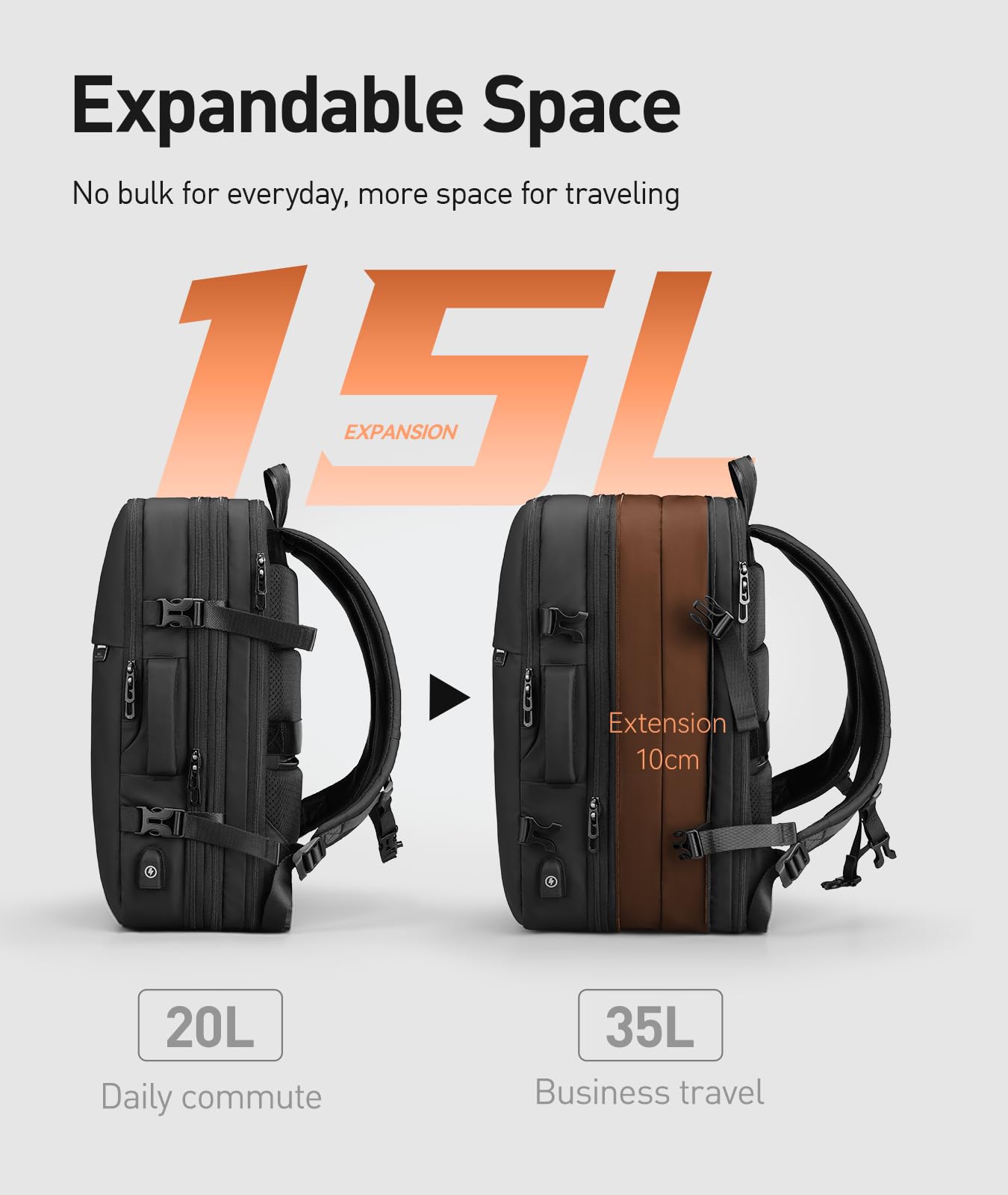 MARK RYDEN Business Rucksack Erweiterbar 20L-35L Hydrophobes Gewebe zum Mitnehmen Laptop für 17,4-Zoll-Laptops, Diebstahlschutz, fluggeprüfter Handgepäckrucksack für Wochenendtrips