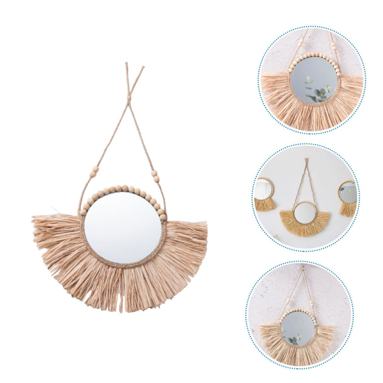 LIFKOME Handgefertigter Runder Wandspiegel mit Bastdesign, Beige, Dekorativ