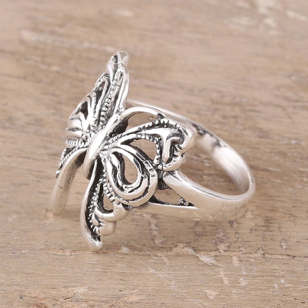 NOVICA Artisan Handmade .925 Sterling Silver Band Ring Butterfly from India Animal Themed Bug Butterflybutterfly 'Butterfly Companion'