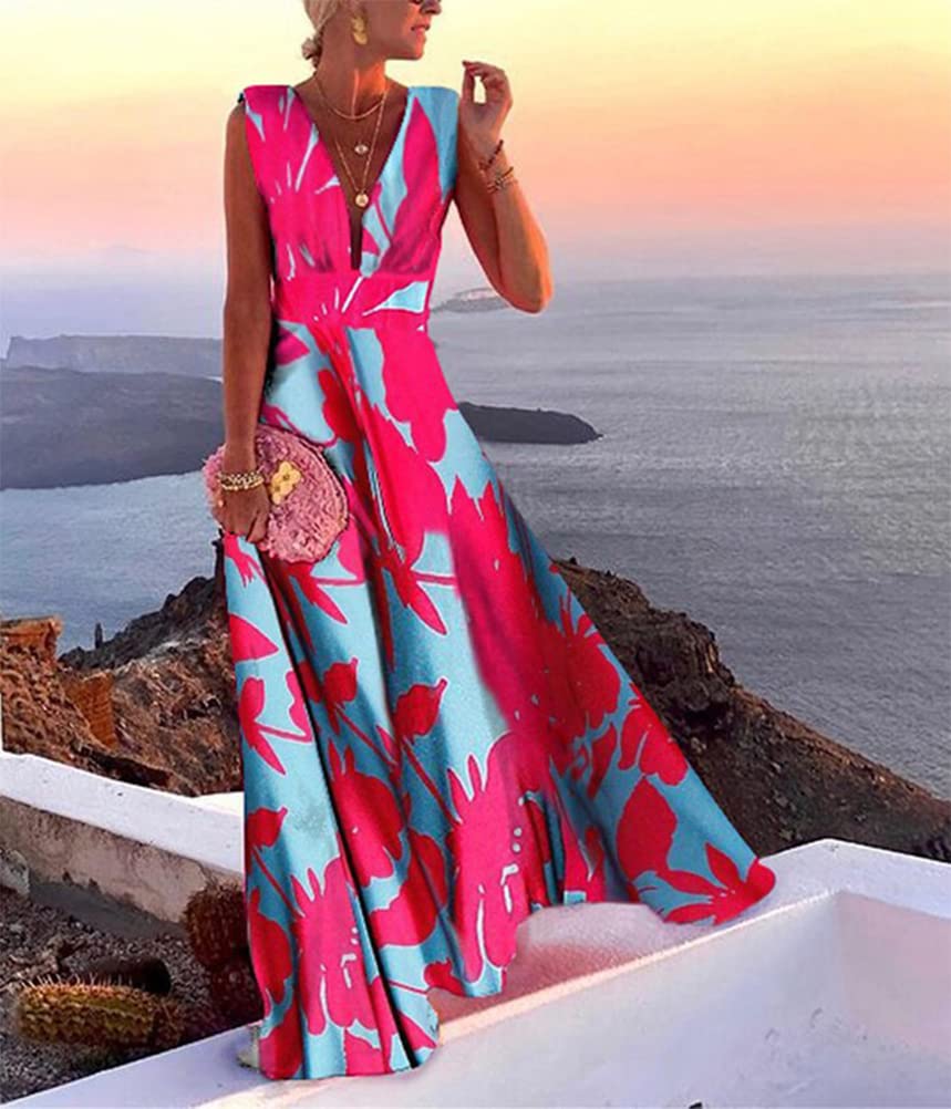 shownicer Femme Robe Cocktail Robe Profonde col en V Elegant Maxi Robes sans Manche A-Line Robe de Soirée Plage Robe Longue Fluides Sexy Chic Florale Robe