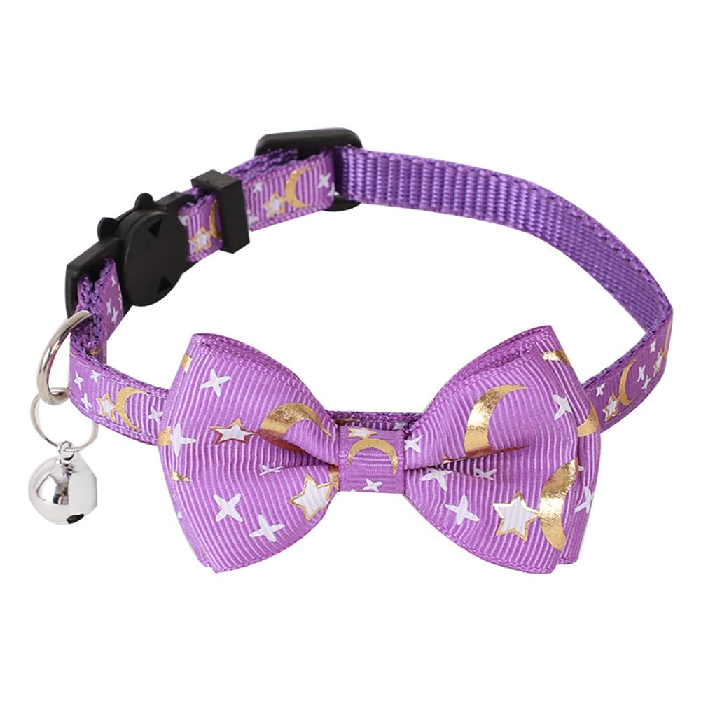 JIHUOO 3 Pcs Moon Star Cat Collars Kitten Bowtie Collar Small Dog Vow Ties with Bell Quick Release Safety Collars for Kitten Cats Hot Pink Purple Blue - Image 2