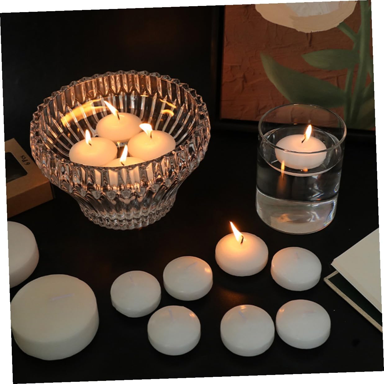 Hemobllo 6 Pieces Small White Unscented Floating Tea Candles 4.5x2.5cm Round Decorative Candles for Wedding, Birthday Party, Romantic Dinner, Pool and Outdoor Use