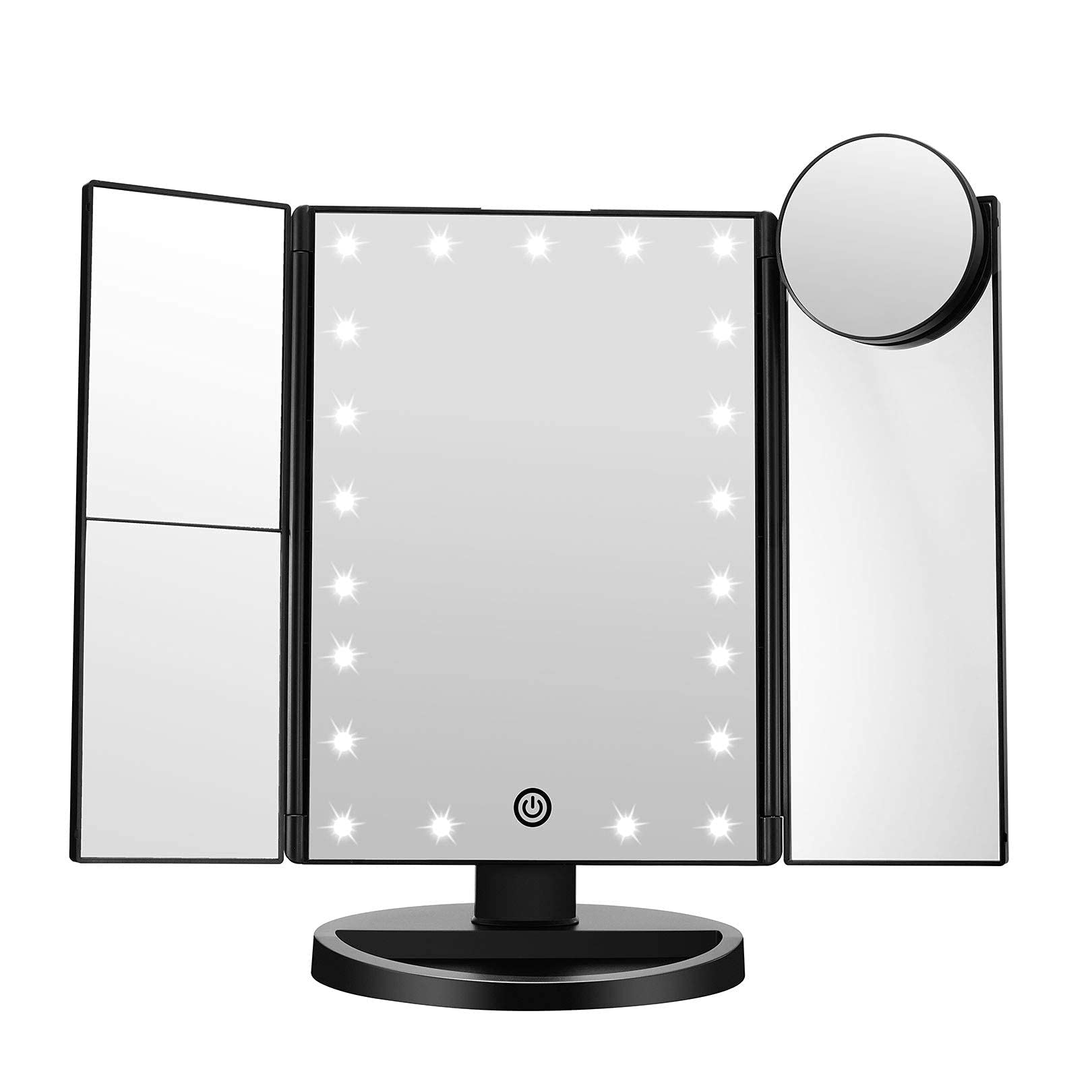 Black: Fascinate Lighted Makeup Mirror, Trifold Vanity Mirror with 21 Led Lights and 2X/3X /10X Magnification, Touch Screen Dimming, Dual Power Supply, 180° Rotation Light Up Mirr