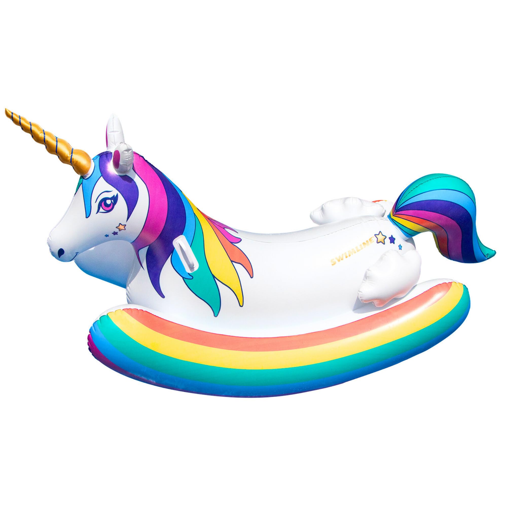 SwimlineOriginal Rainbow Unicorn Rocking Pool Float Toy | with Easy to Grab Handles and Curved Stabilizing Side Bolsters | for Kids and Adults | for Beach Ocean Pool Lake | Heavy Duty PVC