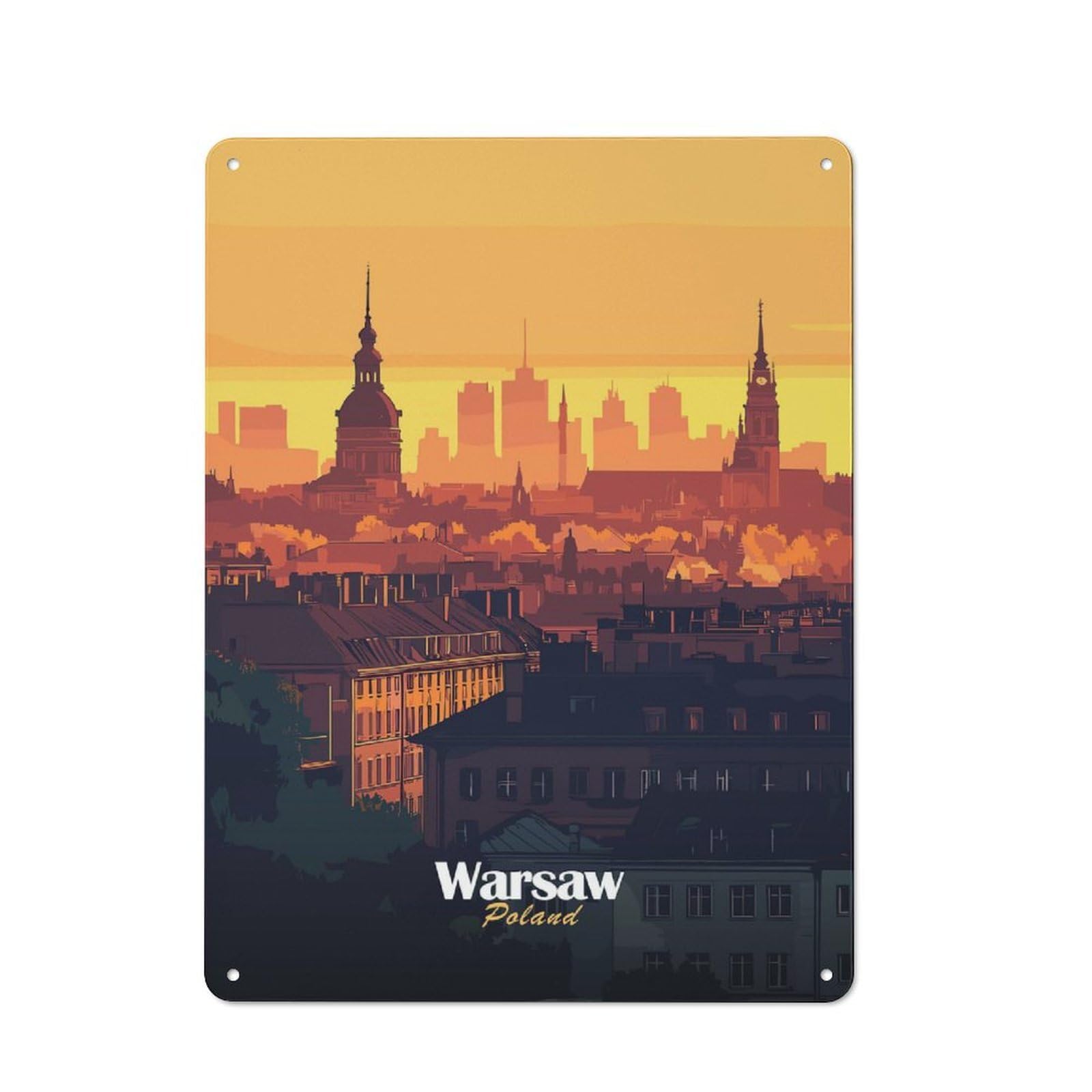 Country Style Kitchen Metal Sign 40x30cm Featuring Warsaw Skyline Sunset, Diner Style Decor for Kitchen, Cafe, Pantry Or Dining Room