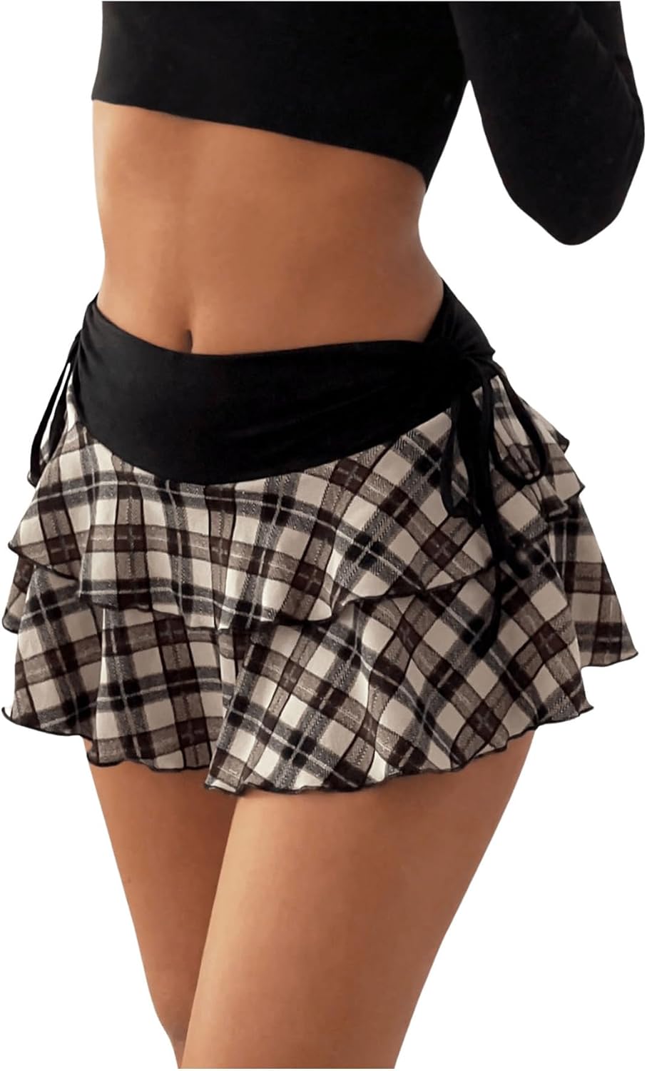 Milumia Women's Plaid Ruffle Mini Skirt Y2k Low Waist Drawstring Layered A Line Short Skirts