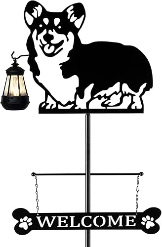 Letrero de bienvenida de perro con silueta solar de 51 pulgadas con linterna, decoración de Corgi para exteriores, para jardín, patio, césped,