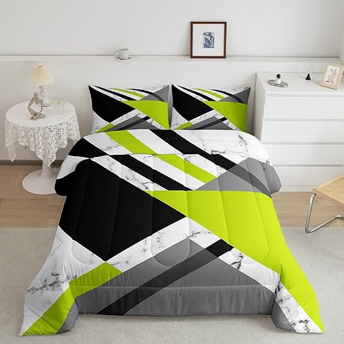Juego de edredón verde lima y gris, juego de ropa de cama geométrica verde, negro y blanco, tamaño individual, patrón de retazos, geométrico,