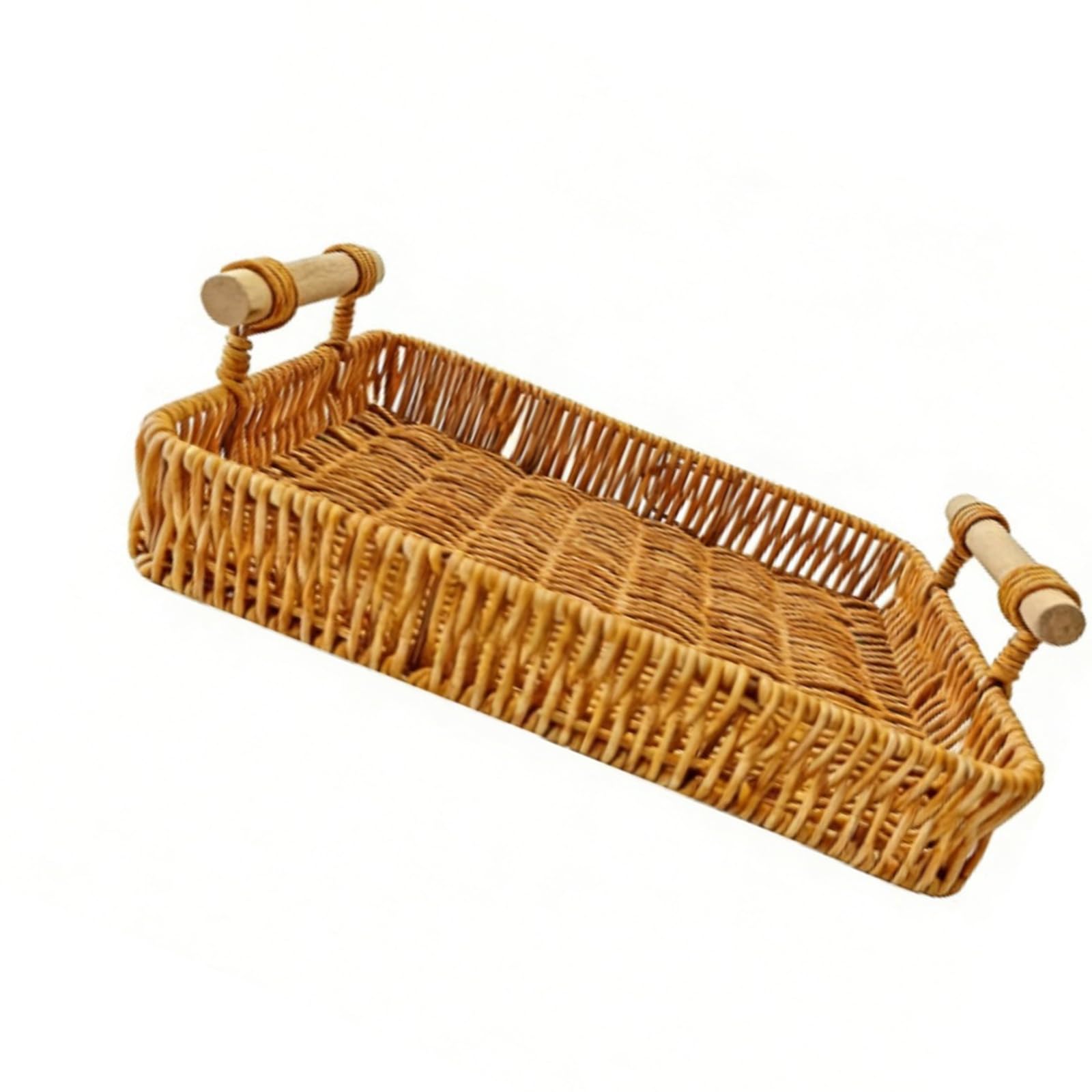 Zxfdsfdbnm Handwoven Organizers Tray Polyethylene Wicker Look Basket with Wood Handles for Bathroom Counter and Dresser Decors Makeup Holder