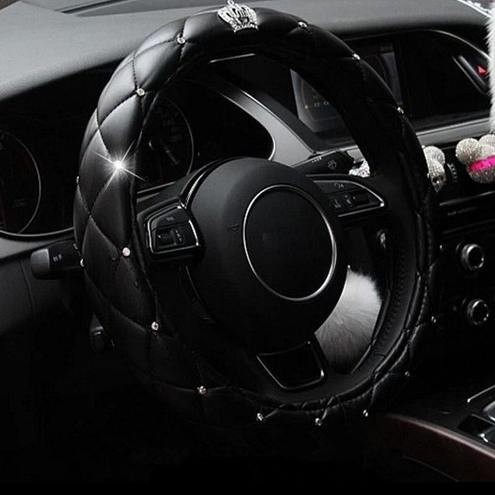 Car Steering Wheel Cover for Girls & Women 38CM/15'' Universal Car Steering Wheel Cover Crown Diamond PU Leather Non-Toxic Safe Driving Steering Cover - Black