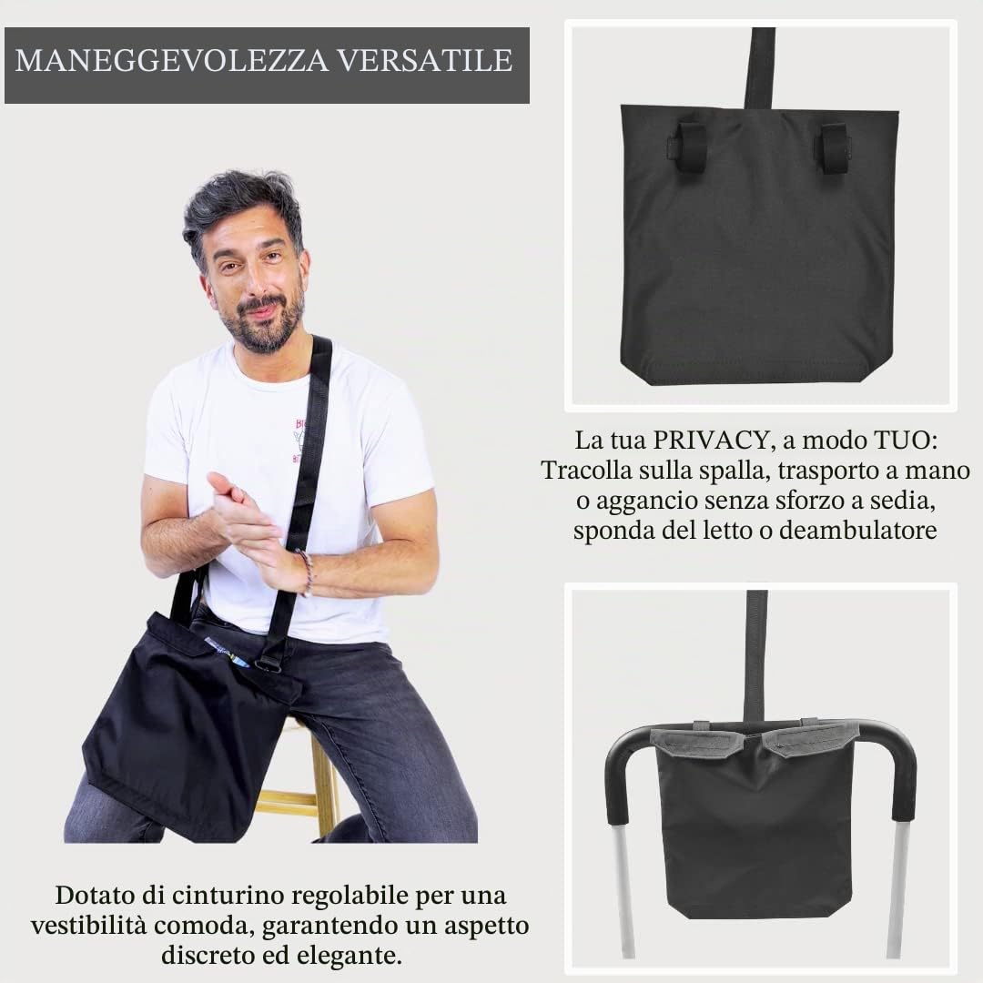 Supporto per sacca di drenaggio delle urine con copertura per tubo catetere e cinghia regolabile, colore nero