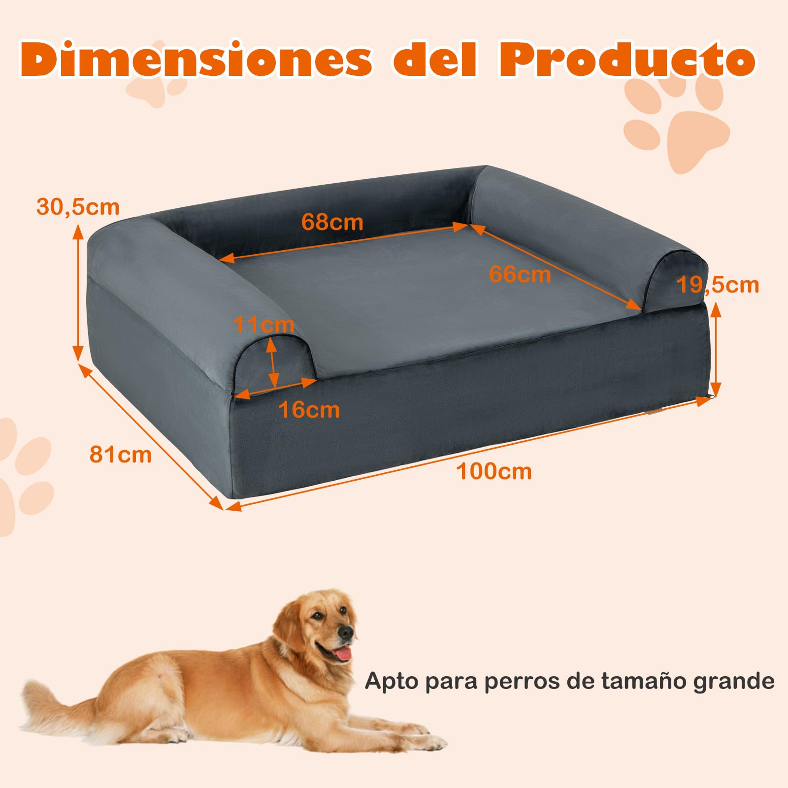 GOPLUS Cama Ortopédica para Perros Grandes, Cama de Espuma Viscoelástica con Reposacabezas Extraíbles, Funda Desmontable Lavable, Sofá de Gel Refrescante con Base Antideslizante para Mascotas, Gris