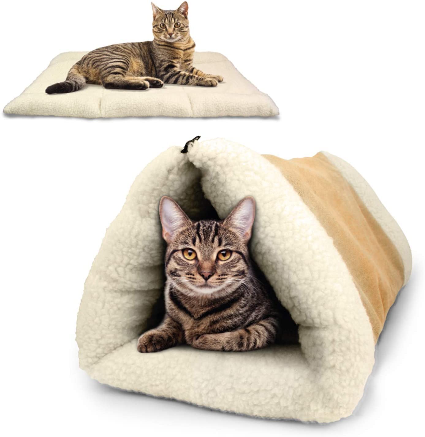 Cosy Cave Cat Bed & Dog Bed for Winter | 91x58cm Soft Warm Fluffy Pet Bed for Small Dog/Puppy & Cats | Easy Travel & Foldable Thermal Mat with Aluminium Foil Backing for Pets (Brown)