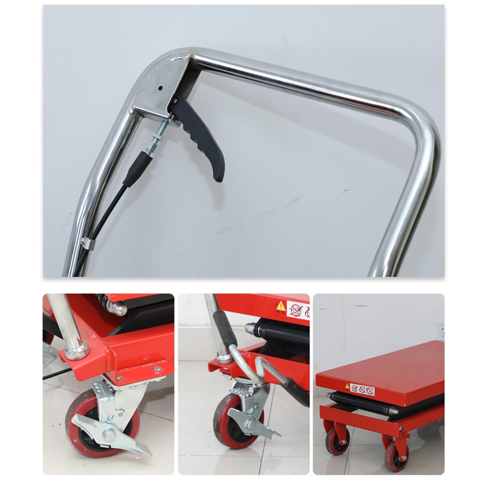 Hydraulischer Hubtischwagen, manueller Doppelscherenhubtisch mit rutschfester Unterlage und 4 Rädern, rot(150kg 1.22m)