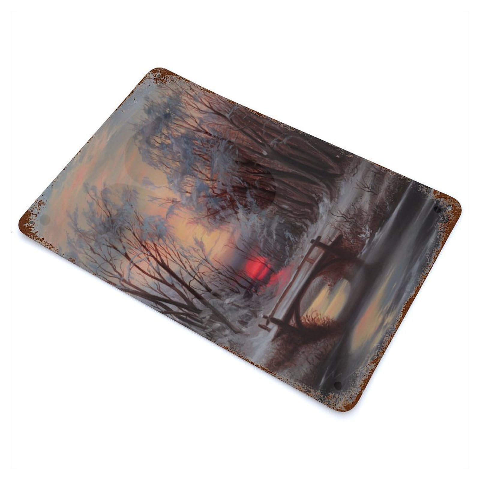 Rust Effect Winter Sunset Weathered Tin Sign 11.8"x7.9", Farmhouse Wall Decor for Farmhouse, Kitchen And Entryway Decor