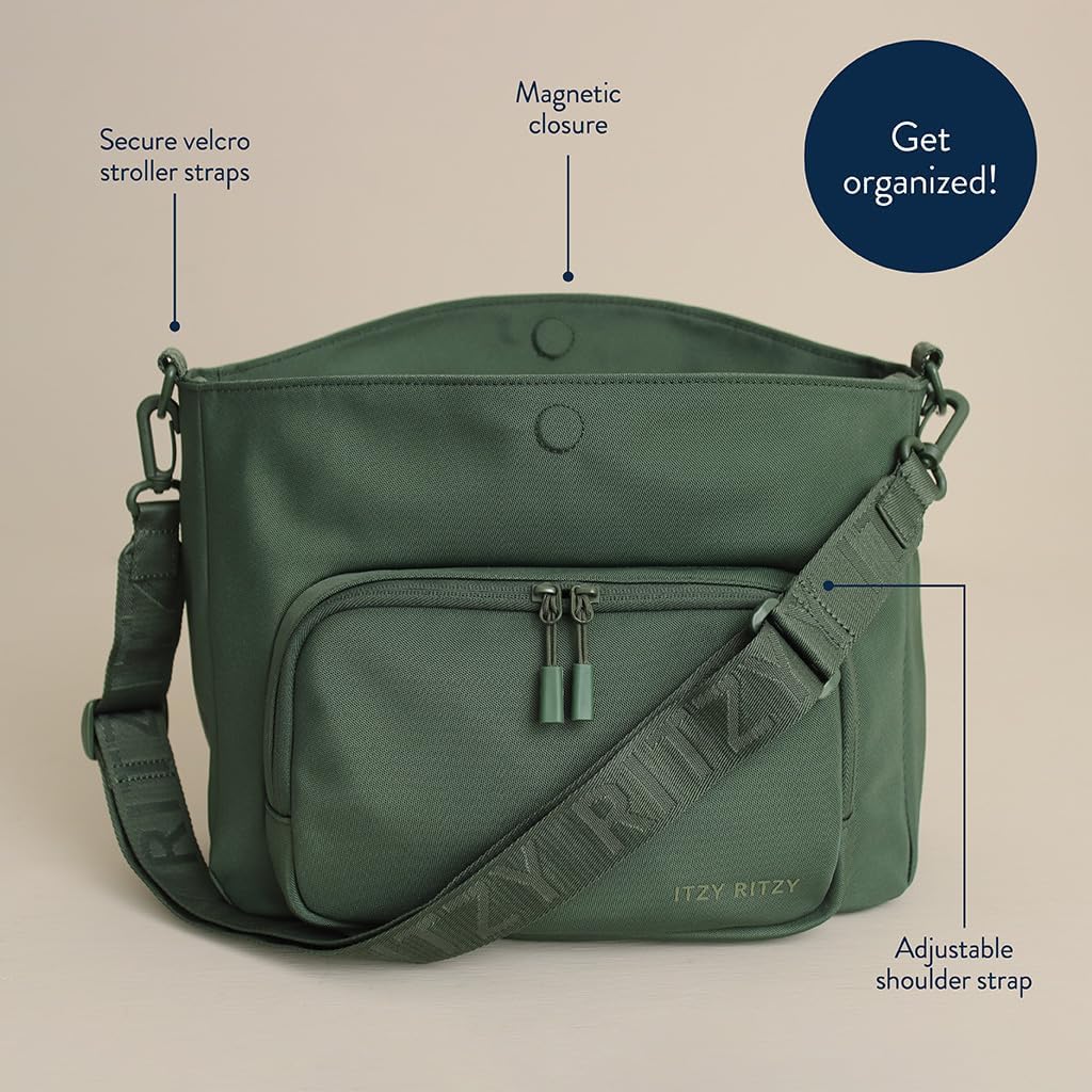 Itzy Ritzy Belong Cargo Caddy for Strollers & Wagons – Convertible Stroller Organizer and Crossbody Bag with Adjustable & Removable Strap, Bottle Holders, Smart Storage Pockets & Secure Straps (Green)