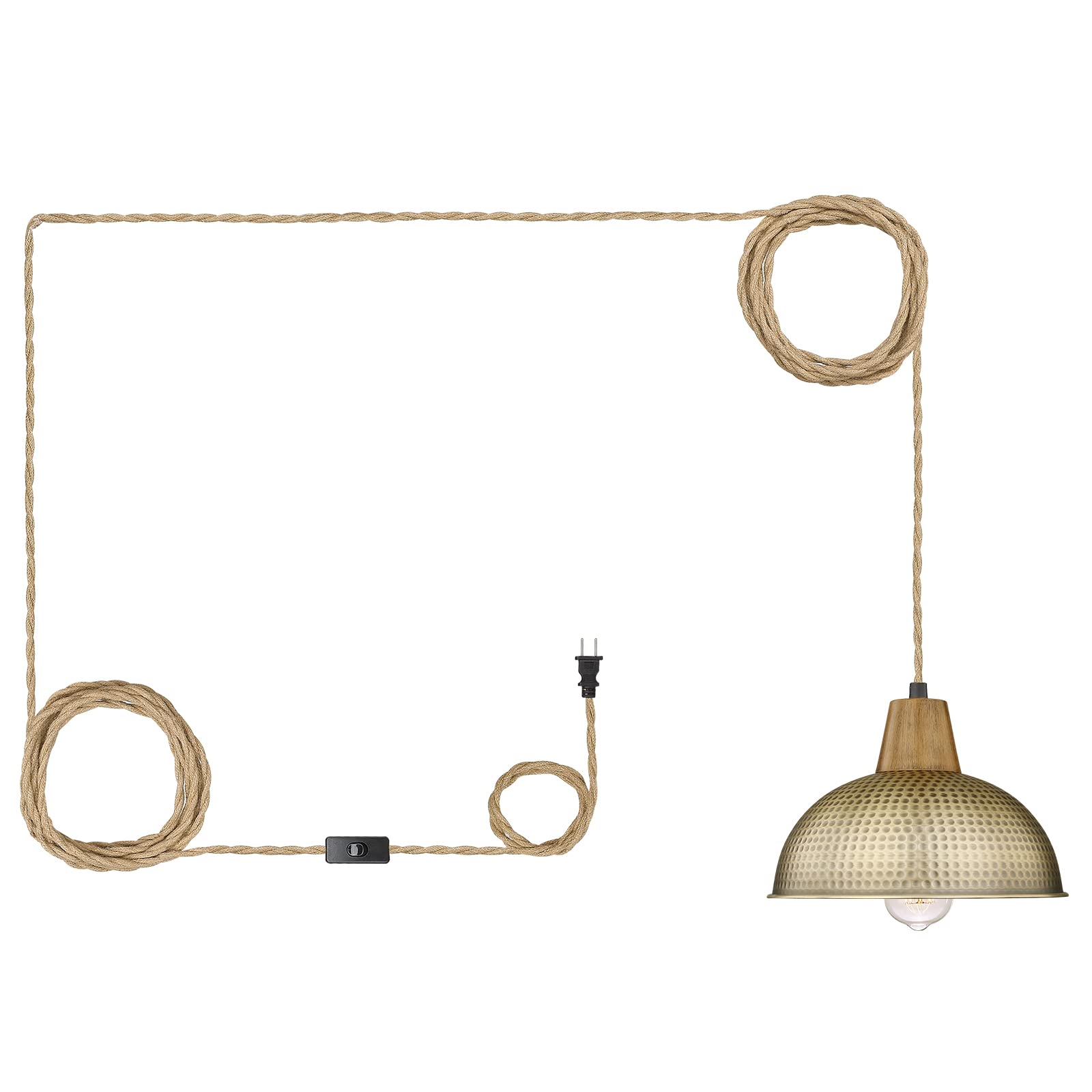 zeyu 1-Light Plug-in Pendant Light with 15FT Hemp Rope, Kitchen Hanging Light with Hammered Metal Dome Shade in Vintage Brass Finish, ZG60MIL BG+WD
