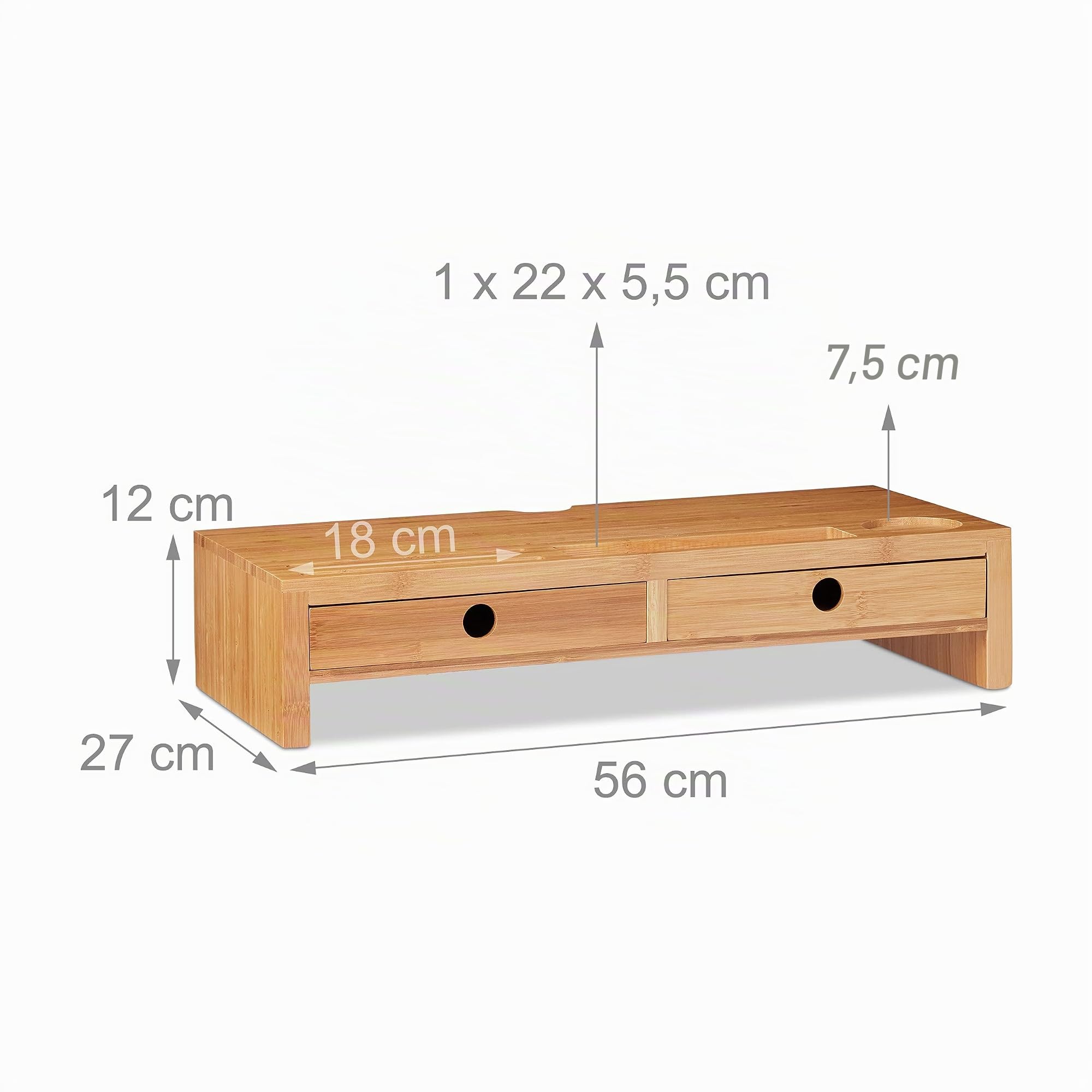 Relaxdays Support pour Moniteur, en Bambou, Rehausseur d’écran avec 2 tiroirs rangements, Bureau, HLP 12x56x27cm, Nature