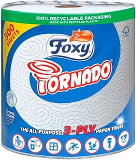 Foxy Tornado 3-ply Kitchen Paper Towels- Highly Super Absorbent Paper Sheets- Soft and Gentle 300 Sheets Per Roll - 100% Recyclable Plastic Free Packaging