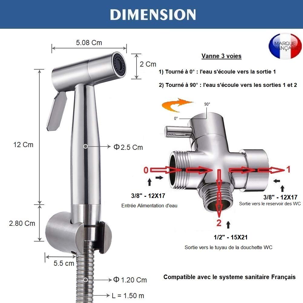 BbfStyle - Marque Française - SUS 304 - Kit douchette WC pour l'hygiène intime - Avec Vanne 3 voies aux Standard Français (3/8"-12x17mm) - Métallique - Finition Nickel Brossé - Taharat