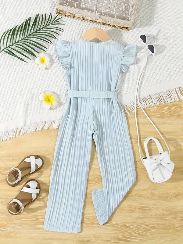Image of Niren Enterprise Stylish Girls' Pleated Jumpsuit with Ruffle Sleeves, Button-Down Front, and Waist Belt - Comfortable Casual Outfit for Kids