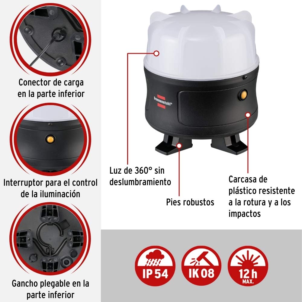 Brennenstuhl BF 3000 MA foco LED a batería recargable de 30W con una iluminación de 360° (3000lm, luz de trabajo portátil, interruptor, regulable, IP54, cable de 5m)