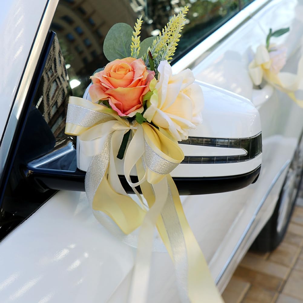 Autoschmuck Hochzeit Künstliche Blume Autoschleifen Vintage Rosen Blumenschmuck Hochzeitsdeko Autoschleifen für Hochzeitsfeier Party Schlafzimmer Türgriff Spiegel Champagner 10 Stück