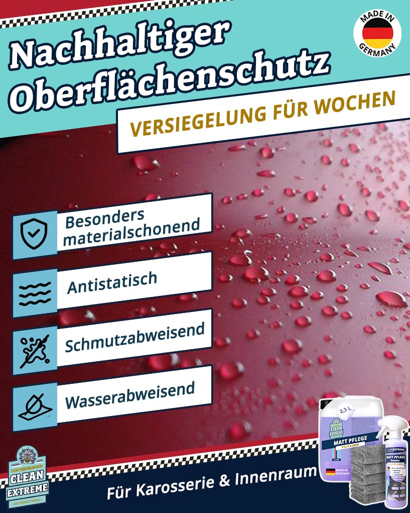 Mattlack Pflege mit Versiegelung - 500ml Spray + 2,3L Kanister | Set inkl. 5 x 500GSM Mikrofasertuch - Zum Pflegen von Autolack Matt, Matt-Folie, Autosprühfolie - Erhält den Matt-Effekt