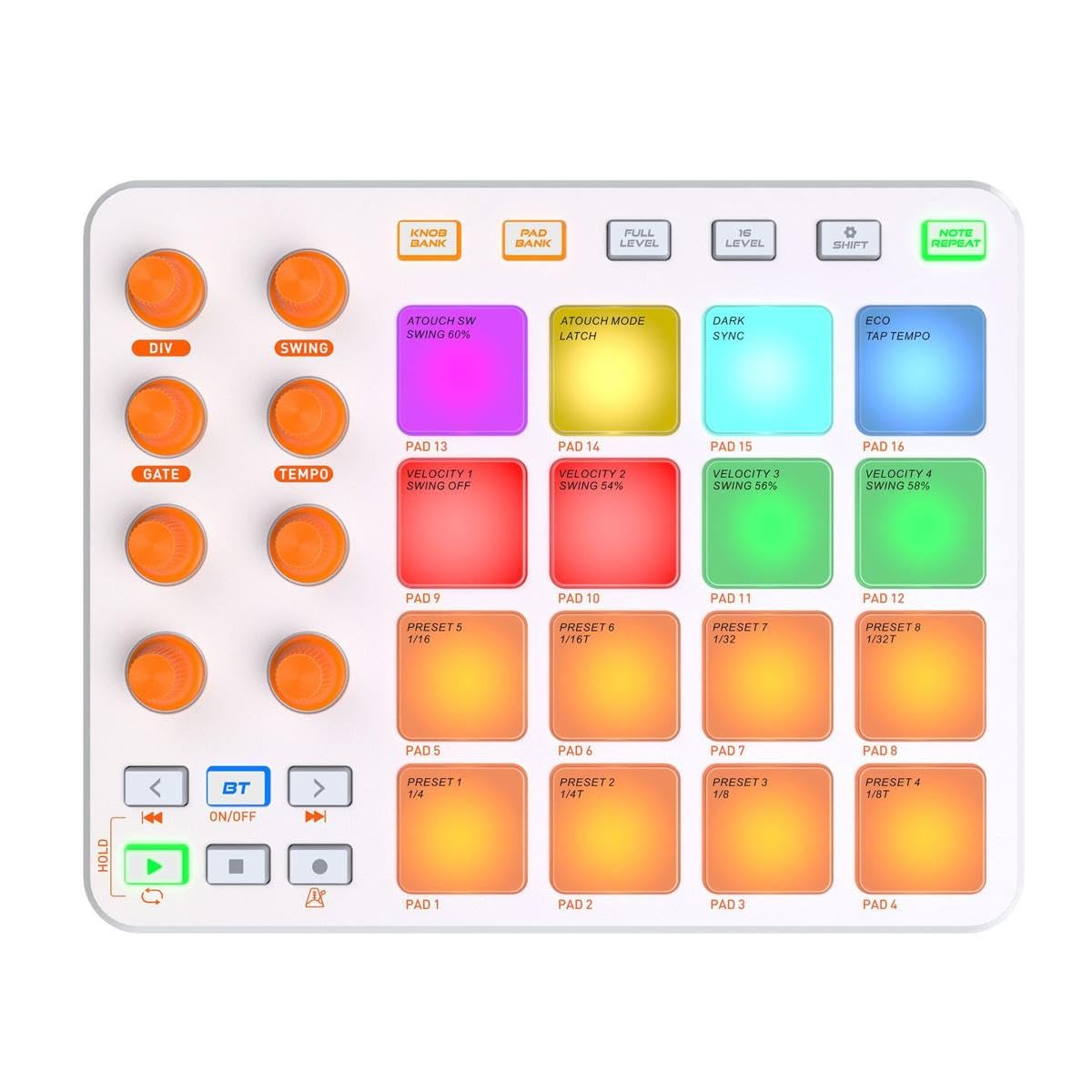 Ubric Strike Pad MIDI Controller per produzione musicale professionale con 16 RGB Beat Pad, 16 Step Sequencer, MIDI In/Out/Thru (bianco)